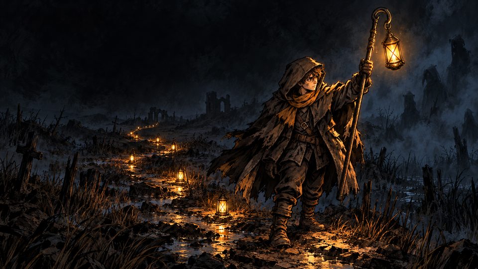 A lone lantern bearer crosses a misty moor, following a trail of small flames.