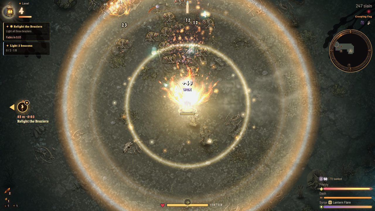 Gameplay: a lantern flares to life on Hollowmere Moor, rings of light spreading over the creatures around it.