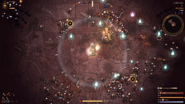 Gameplay: Mireille fights a crowd among bone candles on the Blood Moon Barrens.