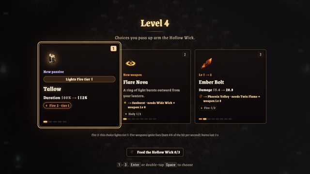 A level-up choice of three cards: a new passive, a new weapon and a weapon upgrade.